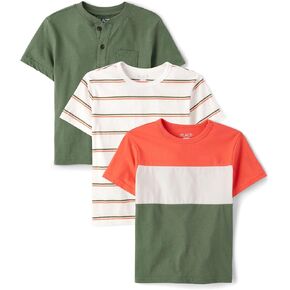 The Children's Place,Boys,Short Sleeve Knit T-Shirts,Orange Colorblock/Striped/Green 3-Pack,Large
