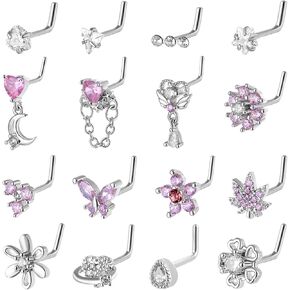 ترصيع أنف ثقب المجوهرات للنساء - 16pcs L على شكل فراشة/حب/نجمة/حلقات الأنف بتلة 316L STEMACTER STEM CZ STIST STANDS BODY Jewelery for Women