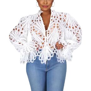 Doweha Women’s Sexy Shuffle Long Summer Lace Tops 2025 Puff Flare Shirt v Neck Hollow Button أسفل البلوزات تونك