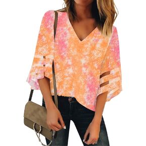 LookbookStore Women’s V Neck Mesh Panel Blouse 3/4 Bell Sleeve Sould Top Shirt