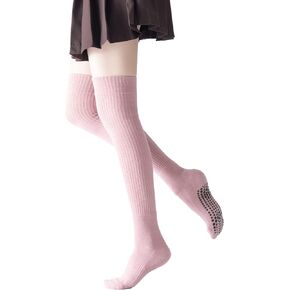 Verdancy Yoga Pilates Thigh High Socks with Grips for Women Fleece Non Slip Cushioned Over Knee Socks for Barre Ballet