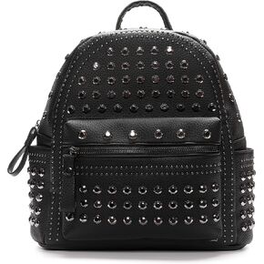Black Faux Leather Sudded Rhinestone Rhinestone Motorcycle Biker Rial Bag Base and Backpack Pass - Gothic Gifts for Women