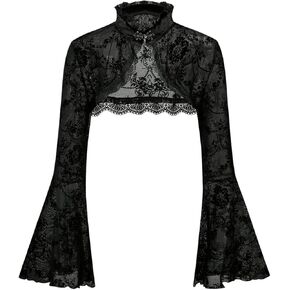 MakeMeChic Women's Gothic Tops Floral Lace Sheer Bell Sleeve Blouse Mock Neck Punk Crop Tops
