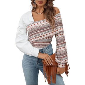Floerns Women's Asymmetrical Neck Cross Wrap Boho Shirt Tribal Print Long Sleeve Blouse Top