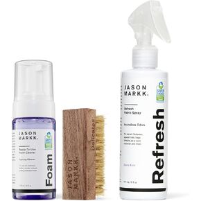 رذاذ Jason Markk Quick Clean Kit & Refresh ، حزمة من 3 قطع ، رغوة جاهزة للاستخدام وفرشاة شهية ، مزيل العرق للأحذية ، رعاية أحذية رياضية ، مثالية للأحذية ، آمنة للجلد ، الجلد المدبوغ ، القطن ، القطن ، الحياكة