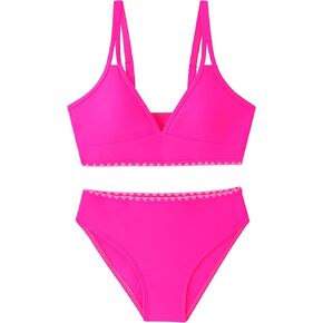 Girls Swimsuits V-Neck Double Strap Design Cute Girls Bikini Swim Two Piece Sets with Chest Pad
