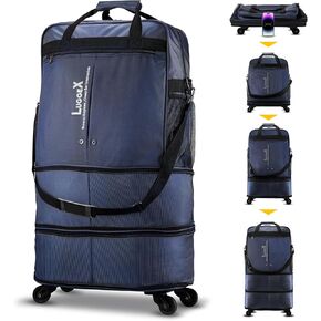 LUGGEX Suitcases with Wheels, Expandable Collapsible Luggage Rolling Travel Duffle Bag without Telescopic Handle, Foldable Large Weekender Bag for Men Women, Black