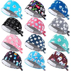 Hercicy 12 Pcs Satin Lined Scrub Caps for Women Dental Working Caps with Button and Sweatband Adjustable Dentist Nurse Scrub Unisex Elastic Bandage Tie Back Hats for Women Men Teeth Pattern
