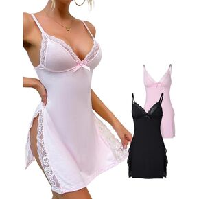 CHICME Women's Lace Trim Side Slit Modal Cami Sleep Dress Loungewear Sexy Night Gowns for Women