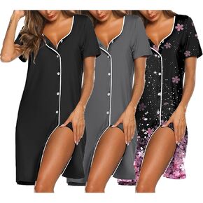 Ekouaer Nightgowns for Women 3 Pack Sleep Shirts Button Down Pajama Dress Short Sleeve Nightshirt Sleepwear Nightdress