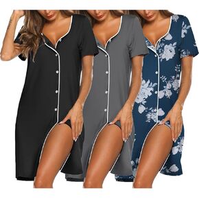 Ekouaer Nightgowns for Women 3 Pack Sleep Shirts Button Down Pajama Dress Short Sleeve Nightshirt Sleepwear Nightdress in Kuwait