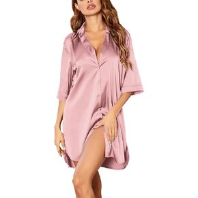 Ekouaer Women's Satin Nightshirt Button Down Sleepshirt Silk 3/4 Sleeve Nightgown Boyfriend Notch Collar Sleepwear S-3XL