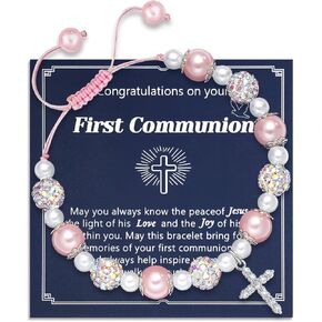 Kaluofan First Communion Gifts, Handmade Inspirational Cross Bracelet with Blessing Card, Baptism Confirmation Gifts Birthday Bracelet