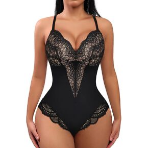 FeelinGirl Womens Body Suits Shapewear Tummy Control Backless Thong Body Shaper V Neck Compression Lace Bodysuit Tops