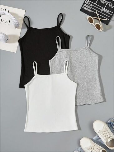 Milumia Girl's 3 Piece Cami Top Spaghetti Straps Solid Slim Tops Nature Duts in Saudi Arabia