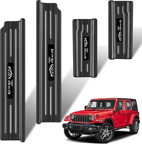4PCS Door Sill Guards for Jeep Wrangler 2018-2025 JL JLU & 2020-2025 ملحقات Gladiator JT ، واقي عتبة الباب من الفولاذ المقاوم للصدأ ، والرياضة غير المحدودة الصحراء روبيكون 4 (أسود تفريغ) in Kuwait