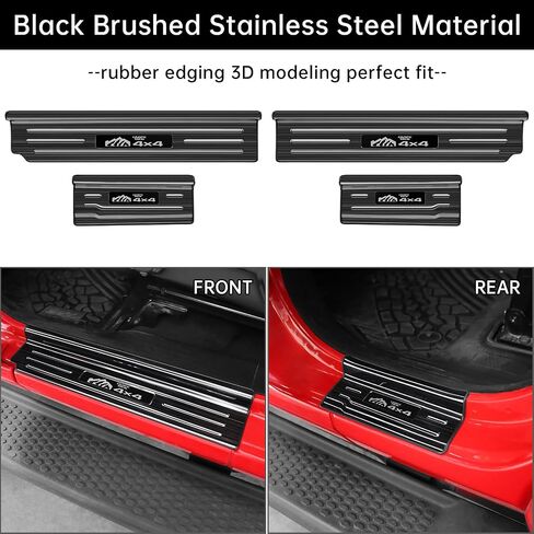 4PCS Door Sill Guards for Jeep Wrangler 2018-2025 JL JLU & 2020-2025 ملحقات Gladiator JT ، واقي عتبة الباب من الفولاذ المقاوم للصدأ ، والرياضة غير المحدودة الصحراء روبيكون 4 (أسود تفريغ) in Kuwait