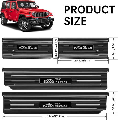 4PCS Door Sill Guards for Jeep Wrangler 2018-2025 JL JLU & 2020-2025 ملحقات Gladiator JT ، واقي عتبة الباب من الفولاذ المقاوم للصدأ ، والرياضة غير المحدودة الصحراء روبيكون 4 (أسود تفريغ) in Kuwait
