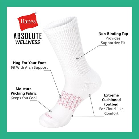 Hanes Women's Non-Binding Crew Socks, Absolute Wellness Non-Restrictive Cushioned Socks for Women, 4-Pack in Saudi Arabia
