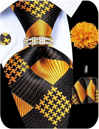 5PCS Mens Silk Tie, Pocket Square, Cufflinks, Drilled Tie Ring and Lapel Pin Set for Wedding Groom Party in Saudi Arabia