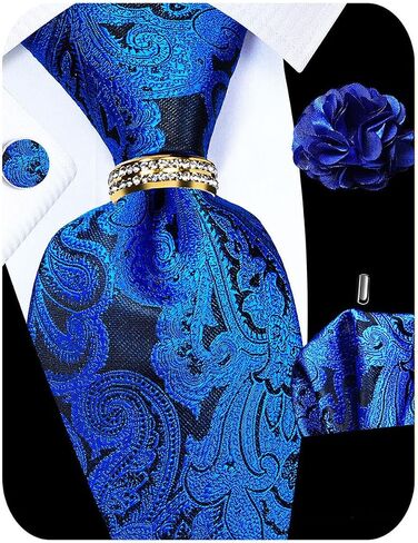 5PCS Mens Silk Tie, Pocket Square, Cufflinks, Drilled Tie Ring and Lapel Pin Set for Wedding Groom Party in Saudi Arabia