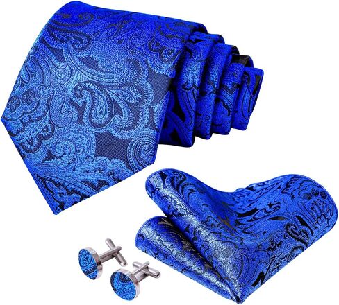 5PCS Mens Silk Tie, Pocket Square, Cufflinks, Drilled Tie Ring and Lapel Pin Set for Wedding Groom Party in Saudi Arabia
