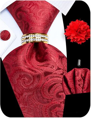 5PCS Mens Silk Tie, Pocket Square, Cufflinks, Drilled Tie Ring and Lapel Pin Set for Wedding Groom Party in Saudi Arabia