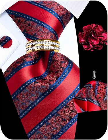 5PCS Mens Silk Tie, Pocket Square, Cufflinks, Drilled Tie Ring and Lapel Pin Set for Wedding Groom Party in Saudi Arabia