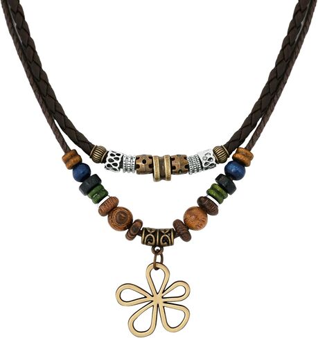 MINACHI Layered Boho Wood Bead Choker Necklace, Hollow Flower Charm, Personality Jewelry for Men and Women in Saudi Arabia