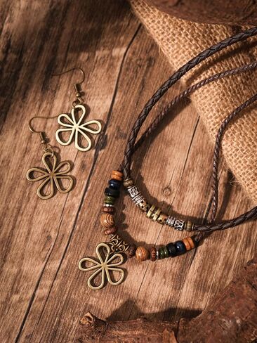 MINACHI Layered Boho Wood Bead Choker Necklace, Hollow Flower Charm, Personality Jewelry for Men and Women in Saudi Arabia