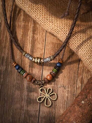 MINACHI Layered Boho Wood Bead Choker Necklace, Hollow Flower Charm, Personality Jewelry for Men and Women in Saudi Arabia