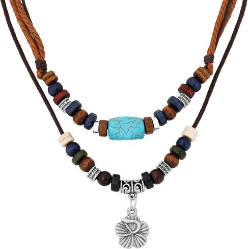 MINACHI Layered Boho Wood Bead Choker Necklace, Hollow Flower Charm, Personality Jewelry for Men and Women in Saudi Arabia