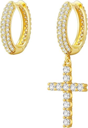 أقراط KRKC Cross Dangle - Astrling Silver Hoop ، 14K مطلي بالذهب ، Hypoallergenic ، مقاطع متدلية 15 ملم أقراط مستديرة للرجال والنساء in Kuwait