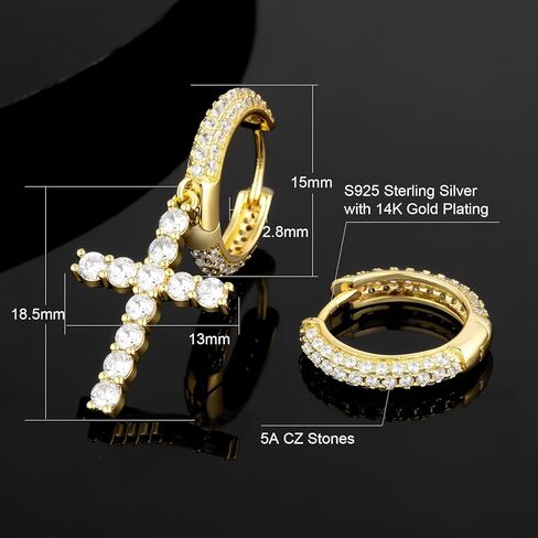 أقراط KRKC Cross Dangle - Astrling Silver Hoop ، 14K مطلي بالذهب ، Hypoallergenic ، مقاطع متدلية 15 ملم أقراط مستديرة للرجال والنساء in Kuwait