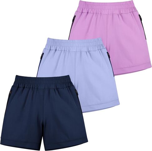 BIG ELEPHANT 3 Pcs Girls Athletic Shorts with Liner, Quick Dry Sports Shorts with Zipper Pockets for Running, Soccer, Cycling in Kuwait