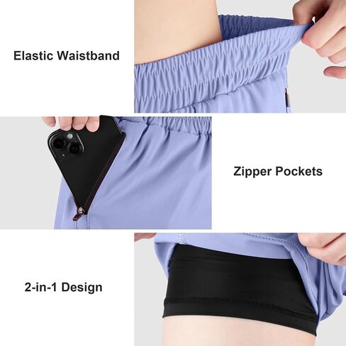 BIG ELEPHANT 3 Pcs Girls Athletic Shorts with Liner, Quick Dry Sports Shorts with Zipper Pockets for Running, Soccer, Cycling in Kuwait