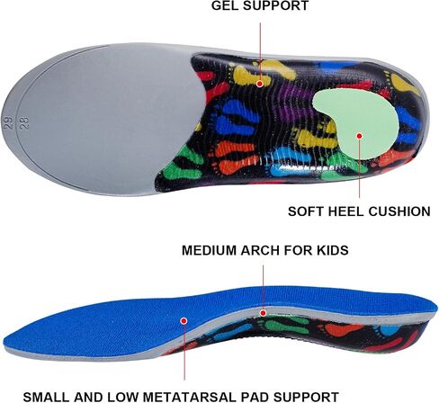 Kids Medium Arch Orthotics Low and Comfort Metatarsal Pad Inserts Relieve Plantar Fasciitis Foot Pains with Gel Heel Cushion in Kuwait