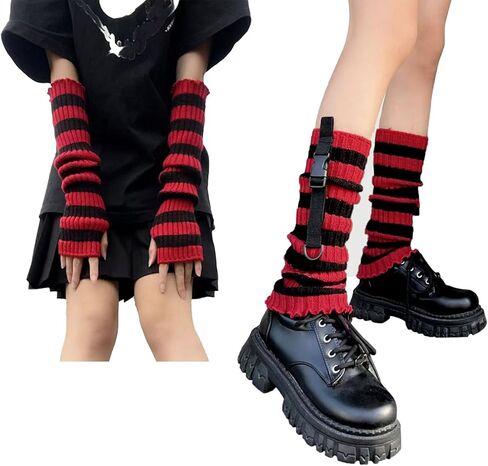 Y2k Leg Socks Arm Sleeve for Women, Red Black Knitted Striped Arm Warmers Leg Warmers 80s Outfit Grunge Accessories in Kuwait