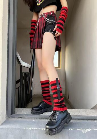 Y2k Leg Socks Arm Sleeve for Women, Red Black Knitted Striped Arm Warmers Leg Warmers 80s Outfit Grunge Accessories in Kuwait