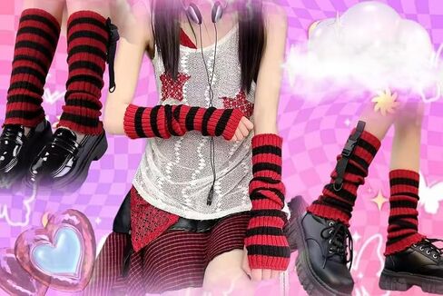 Y2k Leg Socks Arm Sleeve for Women, Red Black Knitted Striped Arm Warmers Leg Warmers 80s Outfit Grunge Accessories in Kuwait