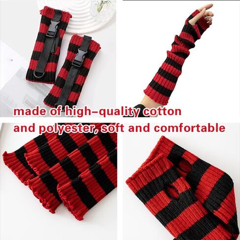 Y2k Leg Socks Arm Sleeve for Women, Red Black Knitted Striped Arm Warmers Leg Warmers 80s Outfit Grunge Accessories in Kuwait