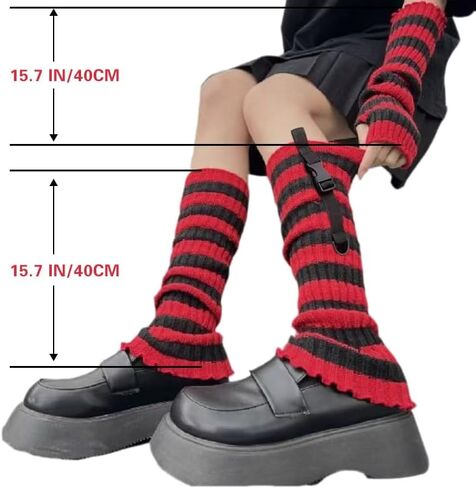 Y2k Leg Socks Arm Sleeve for Women, Red Black Knitted Striped Arm Warmers Leg Warmers 80s Outfit Grunge Accessories in Kuwait