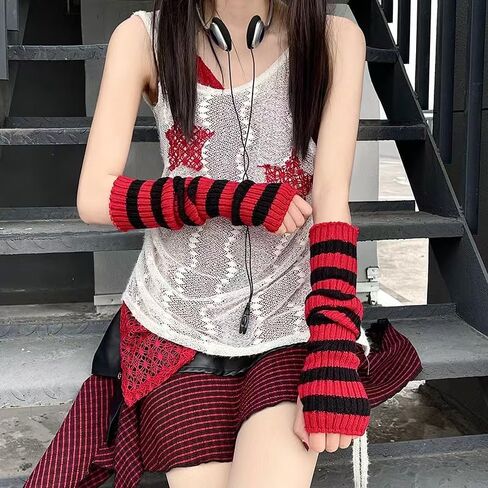 Y2k Leg Socks Arm Sleeve for Women, Red Black Knitted Striped Arm Warmers Leg Warmers 80s Outfit Grunge Accessories in Kuwait