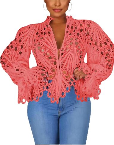 Doweha Women’s Sexy Ruffle Long Sleeve Summer Lace Tops 2025 Puff Flare Shirt V Neck Hollow Out Button Down Tunic Blouses in Saudi Arabia