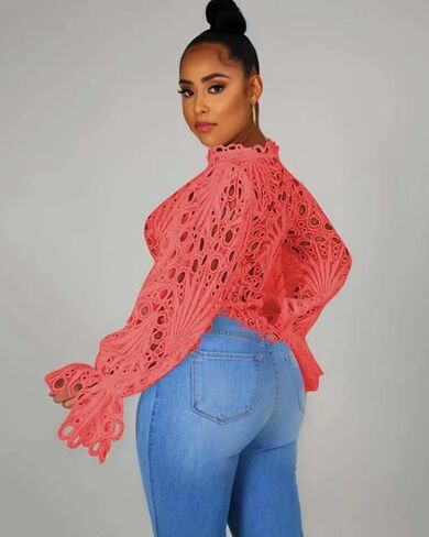 Doweha Women’s Sexy Ruffle Long Sleeve Summer Lace Tops 2025 Puff Flare Shirt V Neck Hollow Out Button Down Tunic Blouses in Saudi Arabia