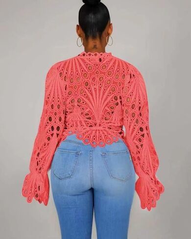 Doweha Women’s Sexy Ruffle Long Sleeve Summer Lace Tops 2025 Puff Flare Shirt V Neck Hollow Out Button Down Tunic Blouses in Saudi Arabia