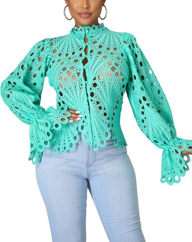 Doweha Women’s Sexy Ruffle Long Sleeve Summer Lace Tops 2025 Puff Flare Shirt V Neck Hollow Out Button Down Tunic Blouses in Saudi Arabia