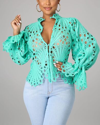 Doweha Women’s Sexy Ruffle Long Sleeve Summer Lace Tops 2025 Puff Flare Shirt V Neck Hollow Out Button Down Tunic Blouses in Saudi Arabia