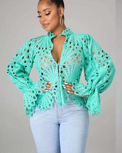 Doweha Women’s Sexy Ruffle Long Sleeve Summer Lace Tops 2025 Puff Flare Shirt V Neck Hollow Out Button Down Tunic Blouses in Saudi Arabia
