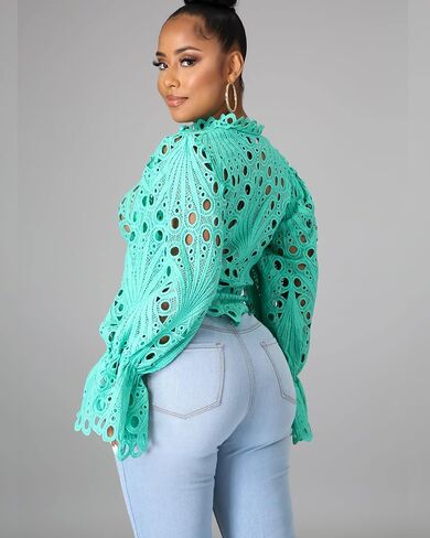 Doweha Women’s Sexy Ruffle Long Sleeve Summer Lace Tops 2025 Puff Flare Shirt V Neck Hollow Out Button Down Tunic Blouses in Saudi Arabia